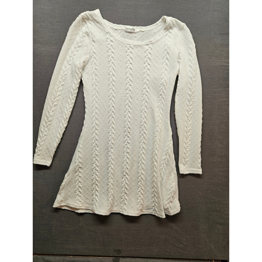 Mokingtop White Cable Knit Sweater Dress Long Sleeve Scoop Neck Mini Dress